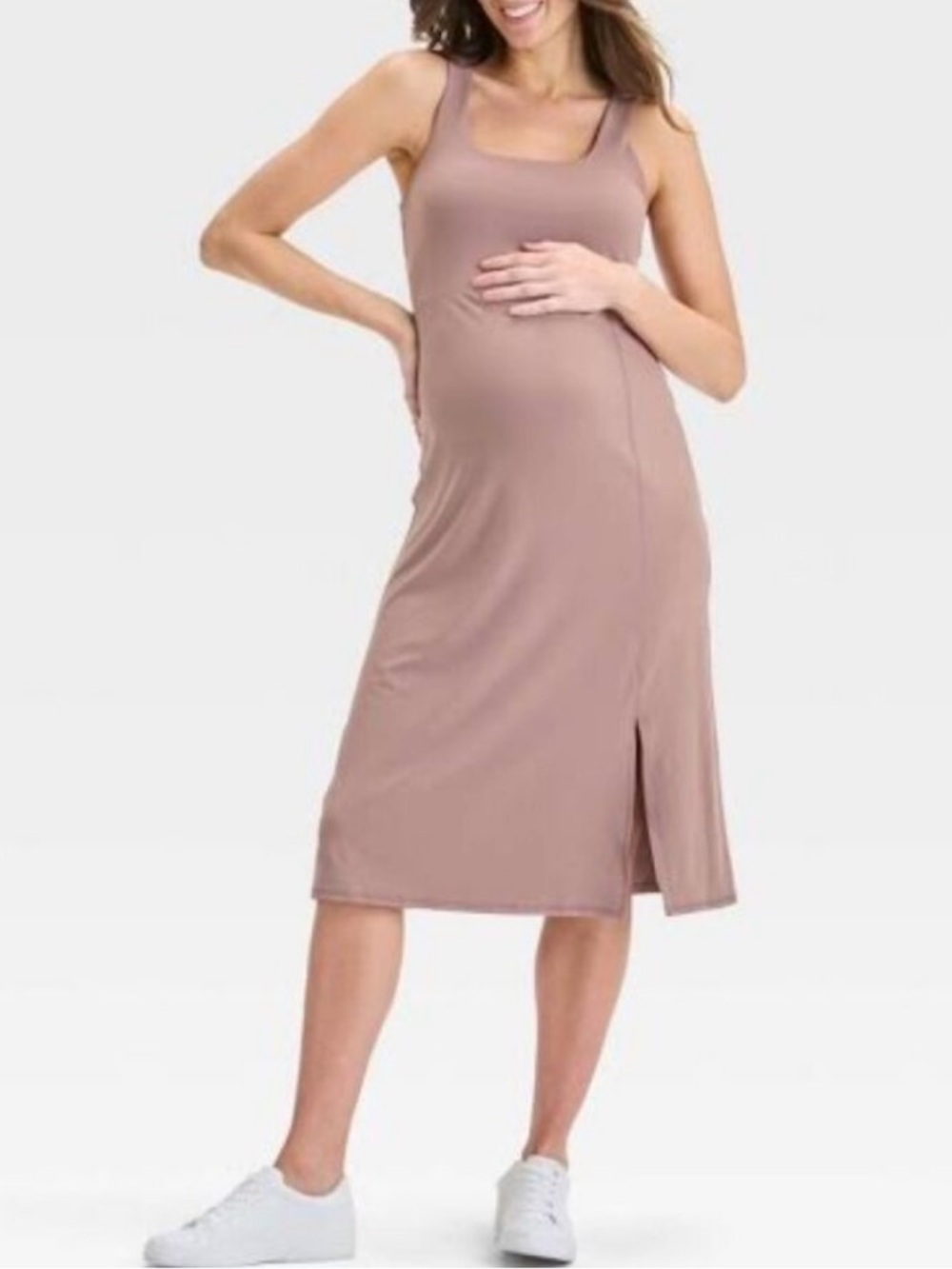 Isabel Maternity Taupe Active MIDI Slit Maternity Dress